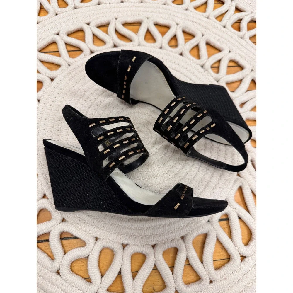 Anne‎ Klein Aktrisa Black Leather Gold Studded Wedge Sandals Sz 8M